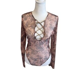 Brown Tie Dye Mesh Bodysuit Sz Large by Celebrity Fashion